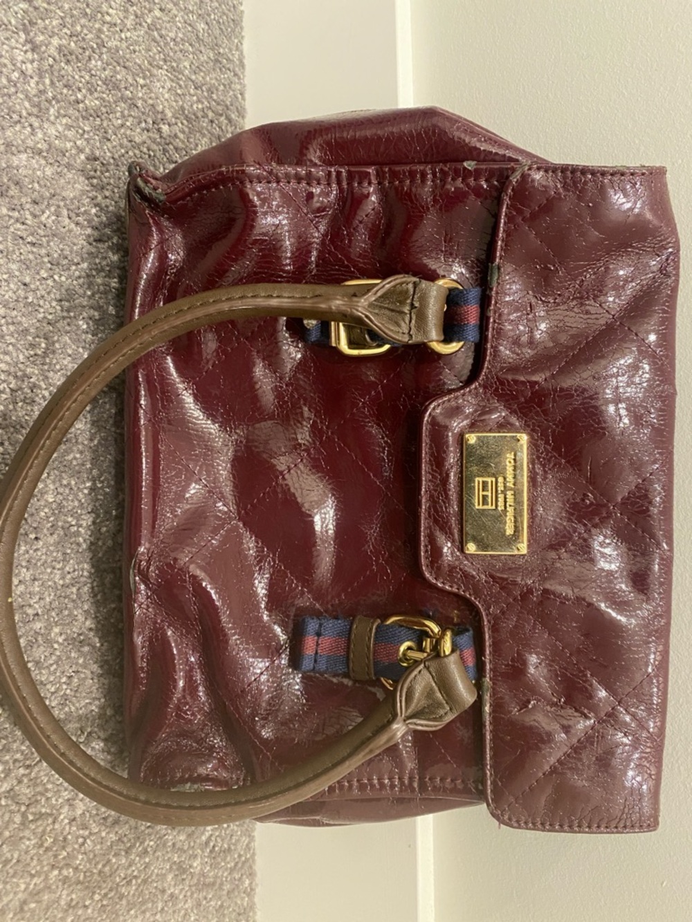 Tommy Hilfiger Burgundy Quilted Tote with Brown Handles